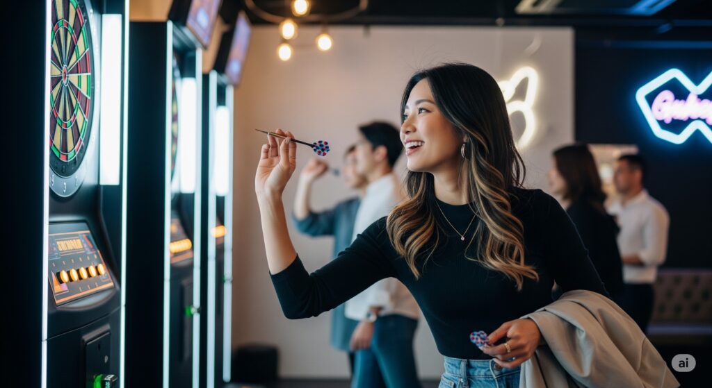 Japanese woman throwing soft darts at a target Japanese woman throwing darts in a relaxed and fun way