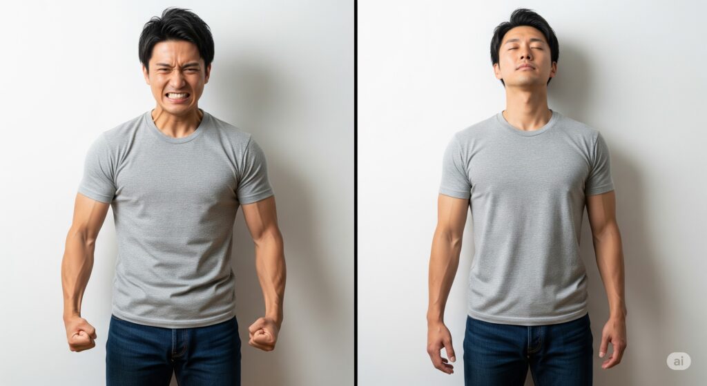 Contrast between a Japanese person in full body tension and a Japanese person in full body relaxation; the two are the same person. They are both wearing the same clothes and in the same attitude.
