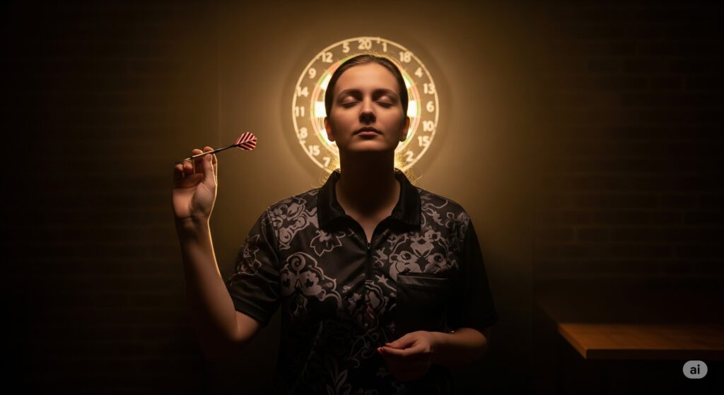 We generated an image of a player concentrating in front of a dartboard.