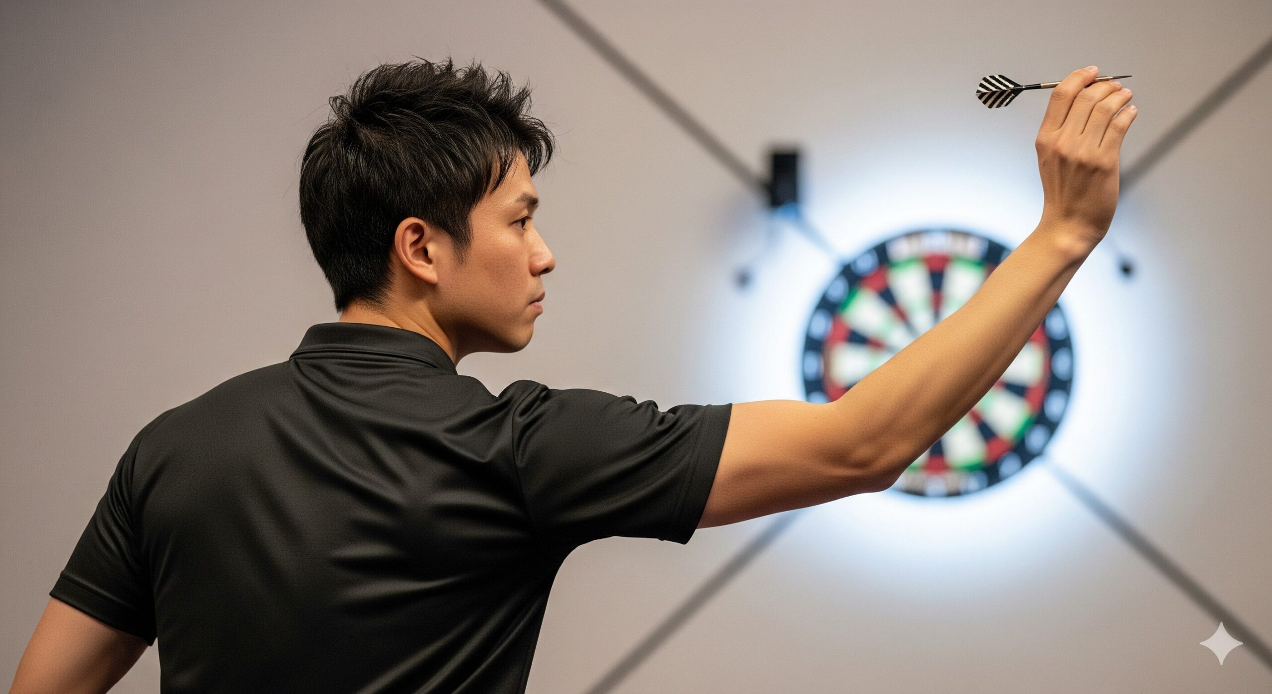 A realistic touch image of a monkey-armed player throwing darts, seen from behind. The player's elbow is slightly bent outward, but his expression is serious and confident. In the background is a fuzzy dartboard.